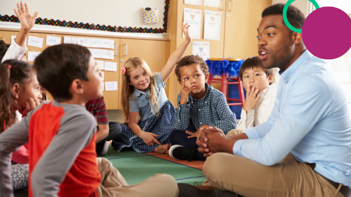 Students and teacher sitting on floor in circle