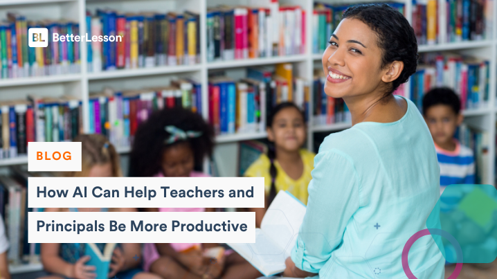 A teacher reading a book to students in a library, with text overlay highlighting how AI can enhance productivity for teachers and principals