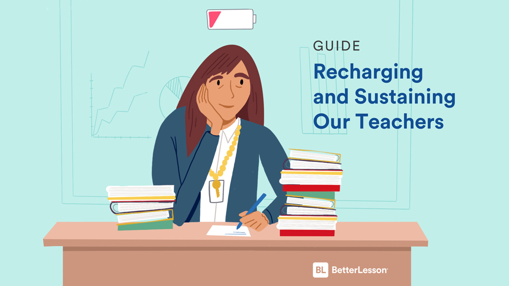 Exhausted teacher sitting at a desk on guide on strategies to recharge staff and teachers