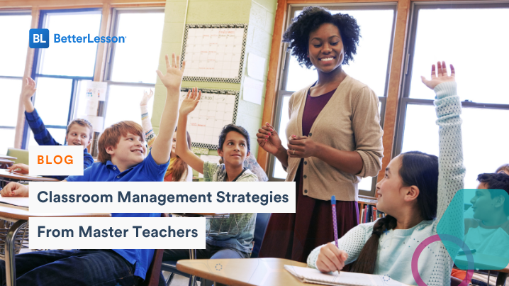 Classroom with students seated, some raising their hands while a teacher stands. Text overlay reads 'Classroom Management Strategies from Master Teachers.'