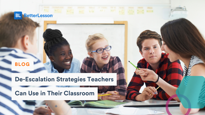 Students discussing with text: 'De-escalation Strategies for Teachers.'