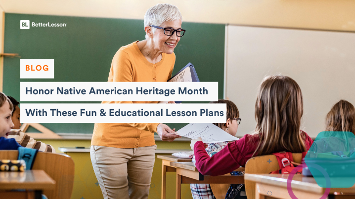 Teacher leading a classroom discussion on Native American Heritage Month, implementing lesson plans to celebrate and educate students about Native American culture and history