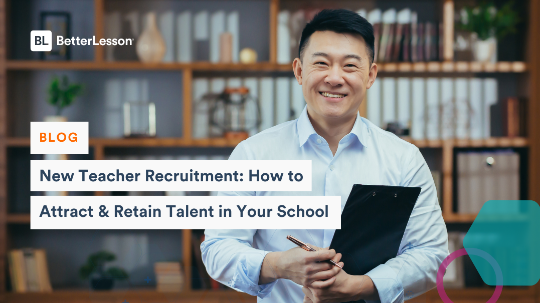 Happy teacher standing with portfolio with text displaying 'New Teacher Recruitment: How to Attract and Retain Teachers'