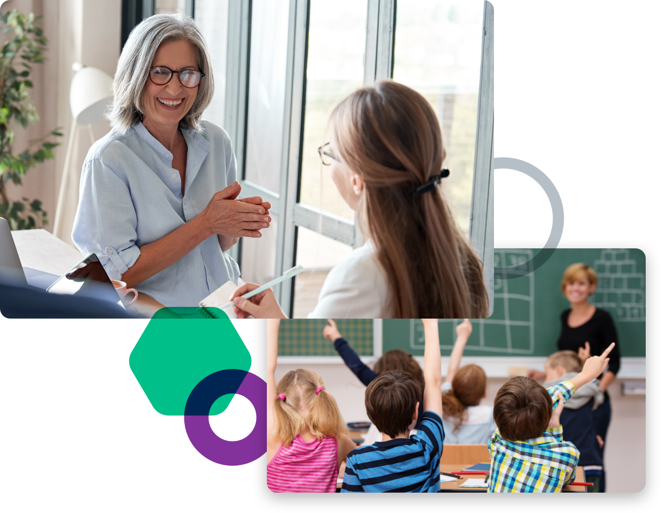 Two people talking and teacher in classroom