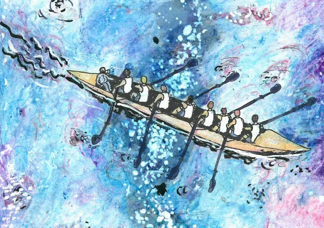 Painting of people rowing a boat on abstract background