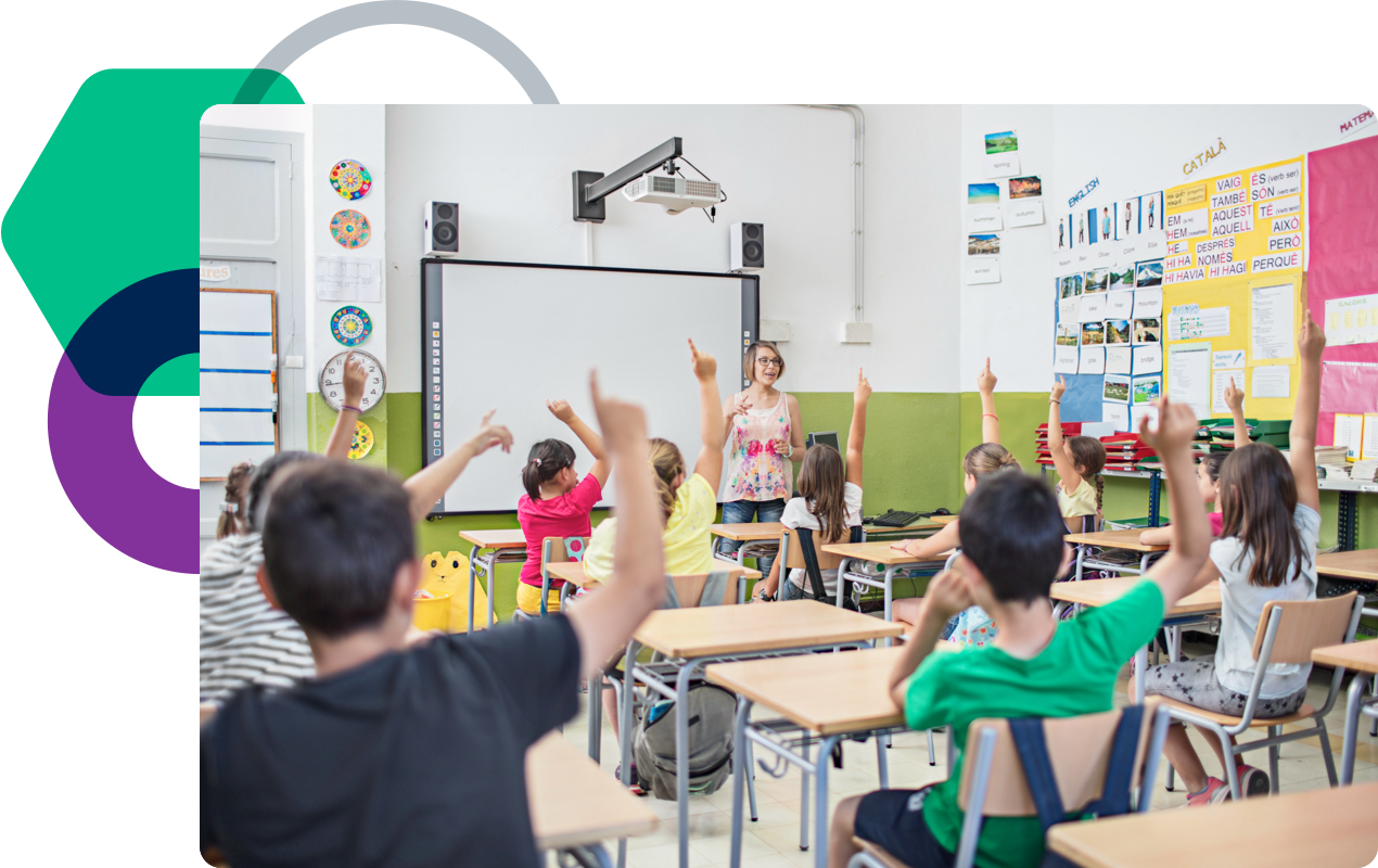 Students raising hands in classroom